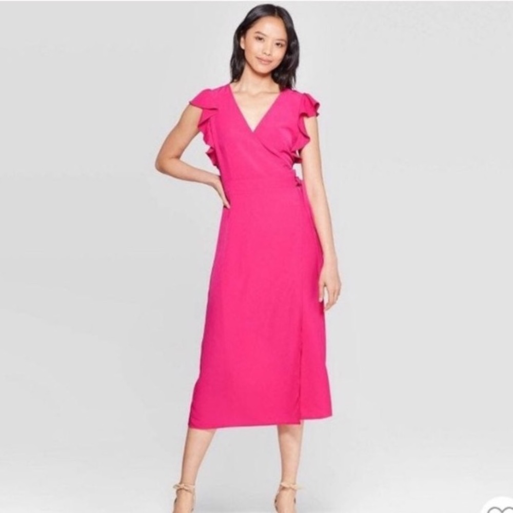 Pink Midi Dress with ruffled sleeve